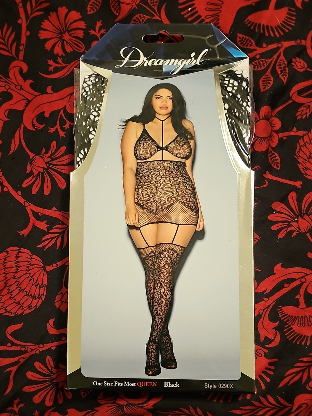 NIB Dreamgirl 2PC Collar Lace Garter Dress - Queen Plus Size, Black